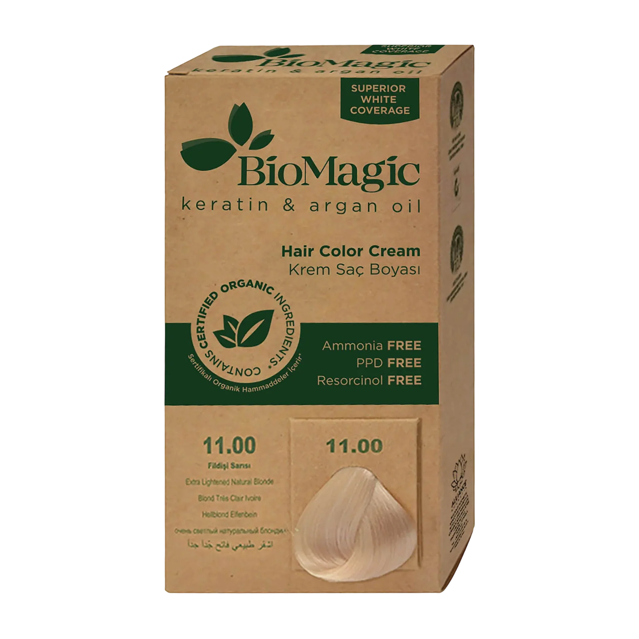 Biomagic Keratin & Argan Oil permanent hårfarve 11.00 Extra Lightened Natural Blonde 250 ml Tester