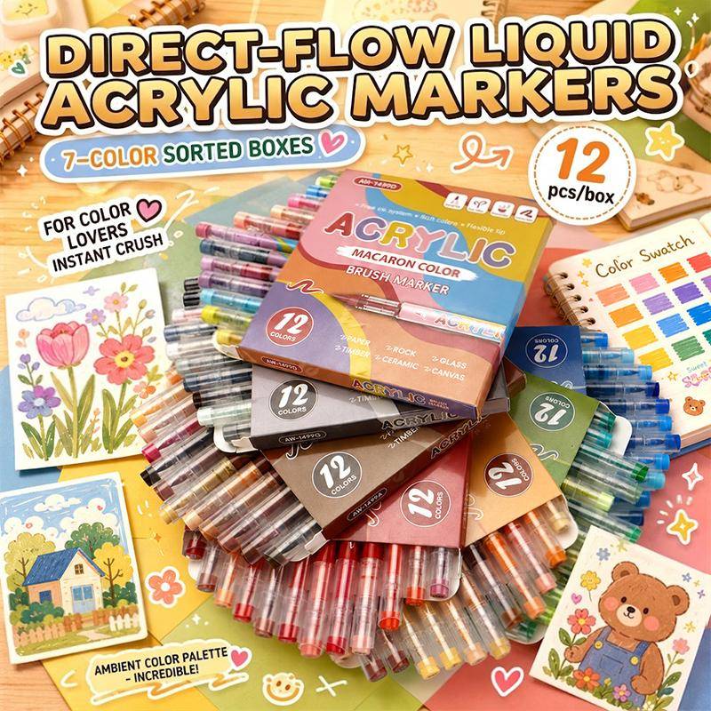12 Colors Acrylic Markers Soft Brush Pen Tip 7 Color Systems For Drawing Anime Painting Diy Rock Halloween Gifts Art Supplies