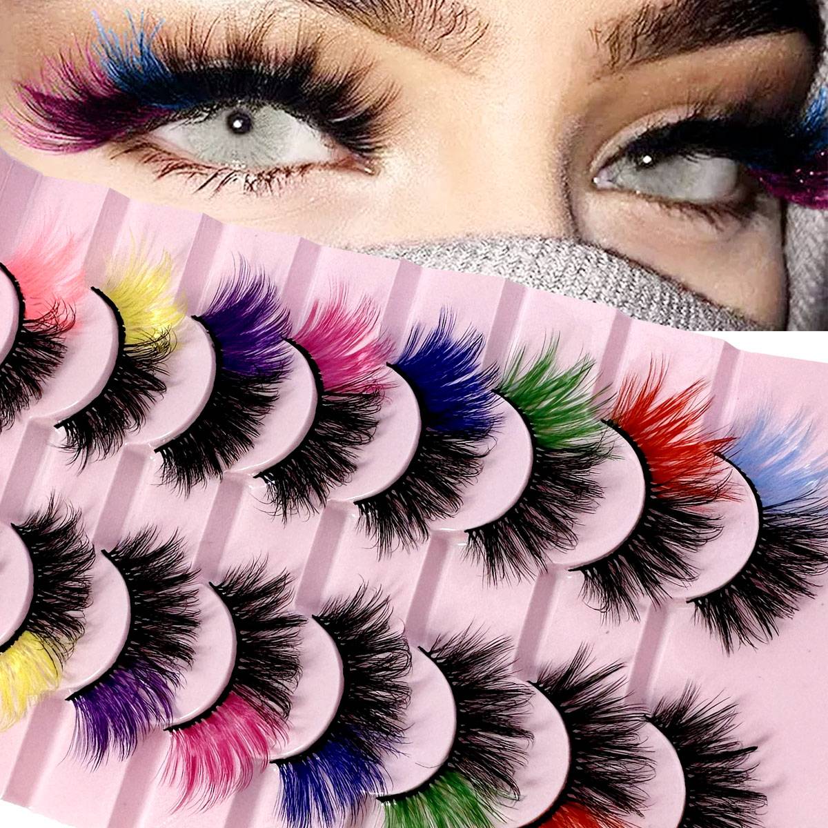 Colored Lashes Mink Eyelash With Color on End, 8 Pairs Fluffy Long Thick Colorful False Lash, 3d D Curl Salon Extensions Strip