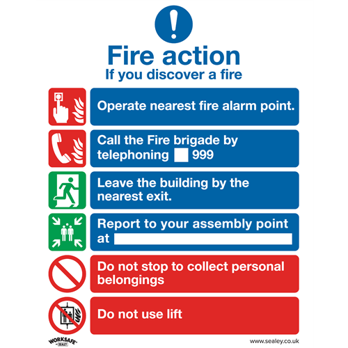 Worksafe Safe Conditions Safety Sign - Fire Action With Lift - Rigid Plastic
