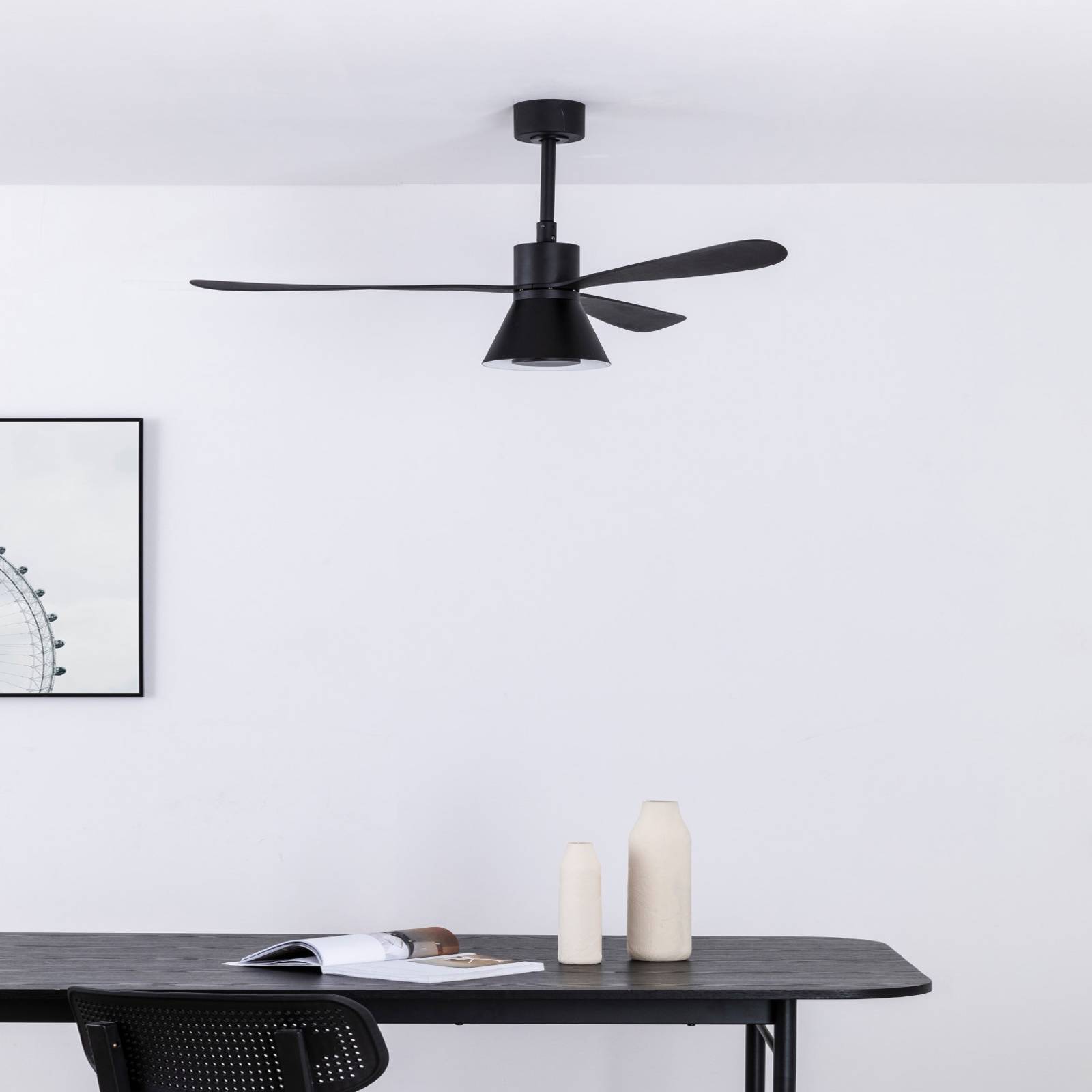 FARO BARCELONA Takfläkt Amelia Cone, LED-lampa, svart dimbar, Svart, Vardagsrum / matsal, Syntetmaterial, Modern