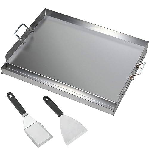 CAVATINY Edelstahl Grillplatte | 54x41x8 cm | Universal BBQ Plancha passend für Weber Gasgrill und Holzkohlegrill | Grillplatte mit Grill-Spachtel Schaber set