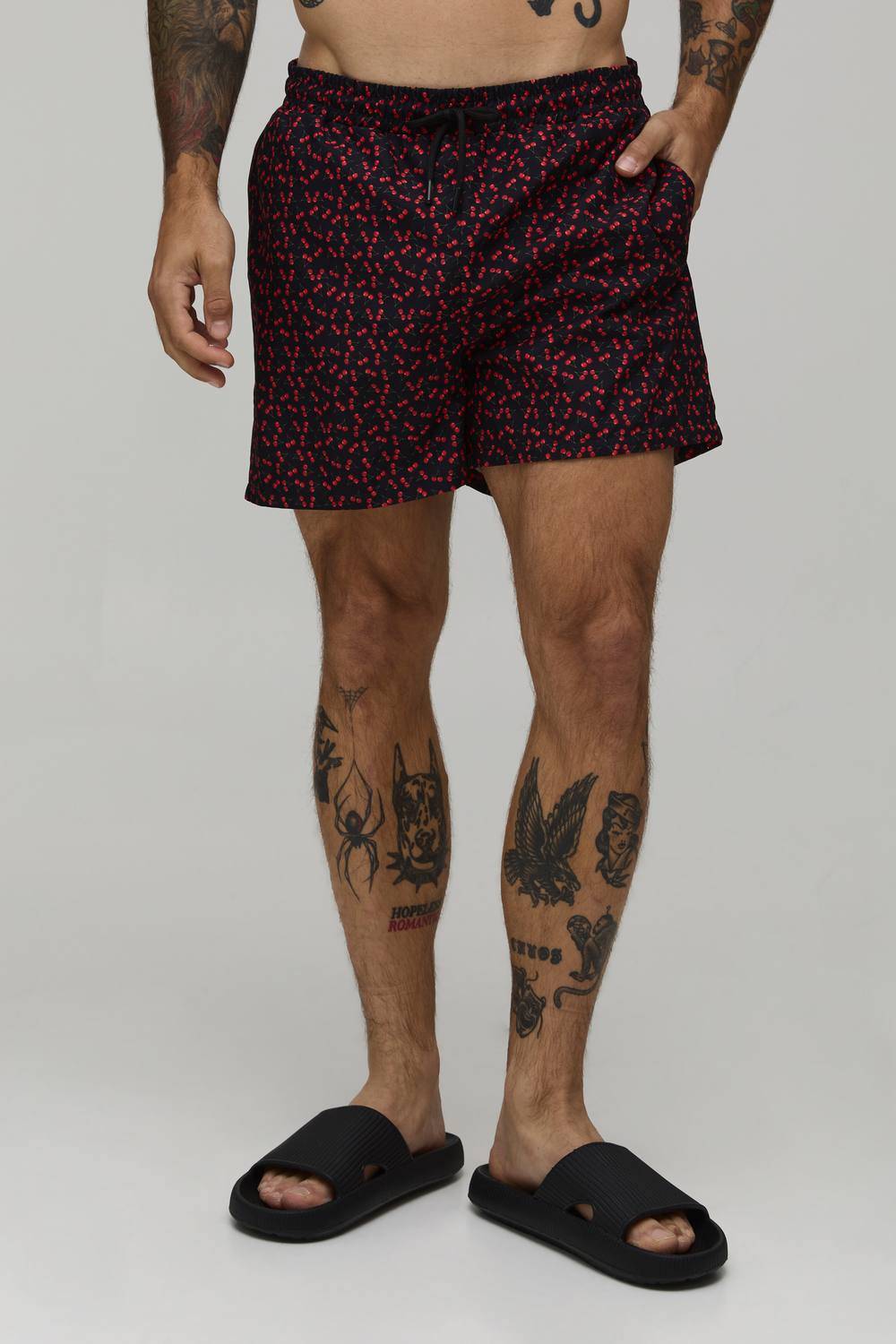 Cherry Printed Short Length Swim Short | Black | Size Small