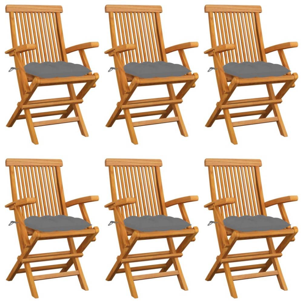 Hopfällbara stolar med grå dynor 6 st massiv teak