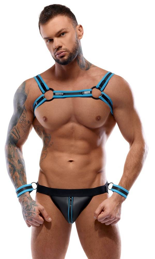 Svenjoyment Neoprene Harness & Jock with Cuffs 2180464 Black-Aqua L (L)