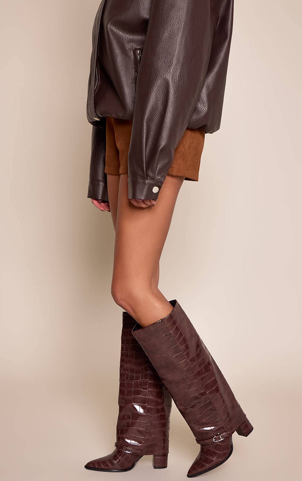 Chocolate Fold Over Knee High Block Heel Boot - chocolate - 7