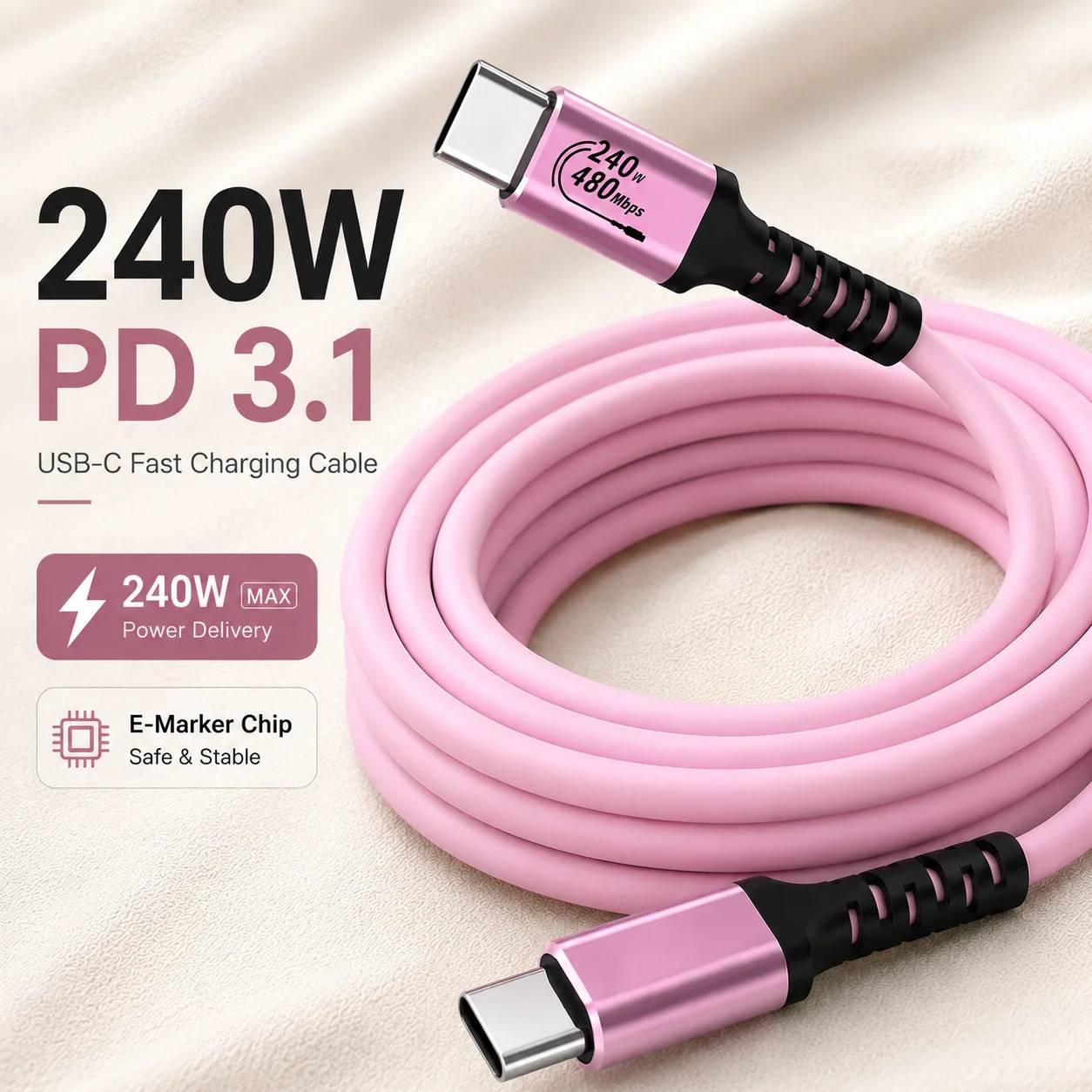 USB-C to USB-C Cable 240W PD 3.1 Fast Charging, Pink TPE Cord for MacBook, iPhone 15/16/17, iPad Pro, Galaxy S24
