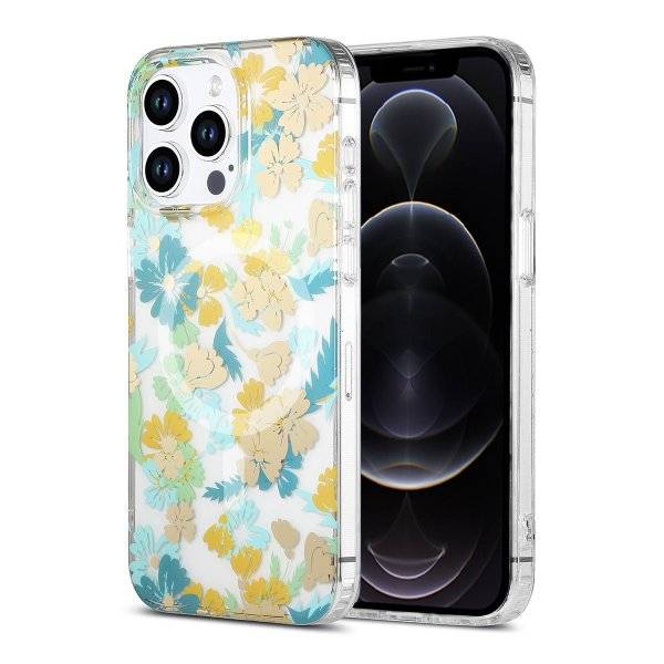 iPhone 12 Pro Max Cover Blomstermønster MagSafe Turkis