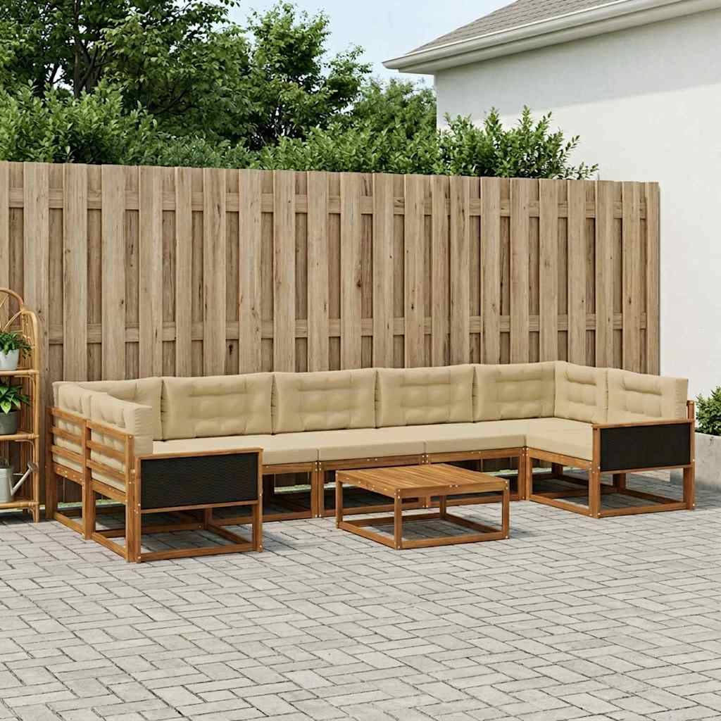 Udendørs Sofagruppe 8 Dele Massivt Akacietræ - Naturlig og beige / Sort rattan