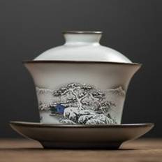 Ru ugn kan höja keramik skål med enkel lock te grackad glasyr enkel antik kung fu kopp trekrafts lock skål te set gaiwan - Gaiwan b