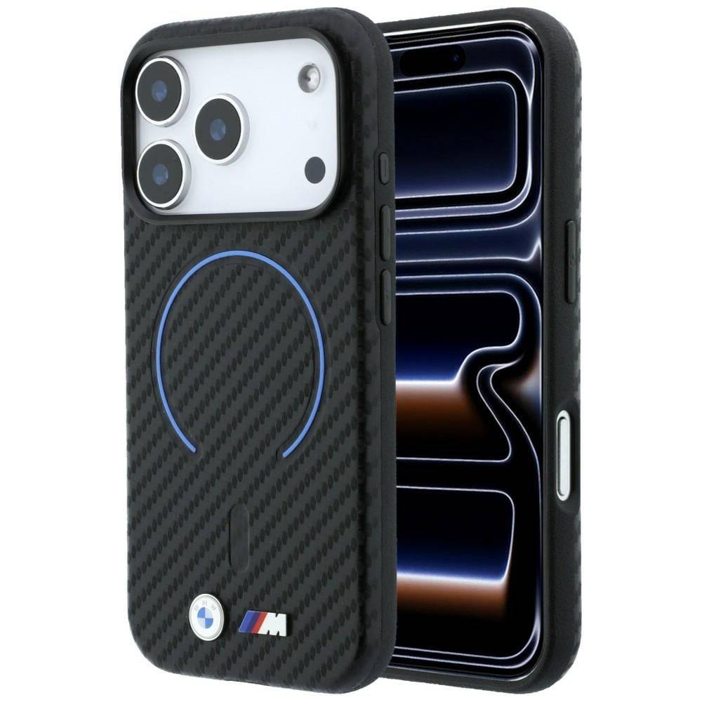 BMW MagSafe-etui med kulfibermønster til iPhone 17 Pro Max / 18 Pro Max – Sort.