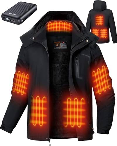 GOTOBI Beheizbare Jacke herren mit Powerbank 12V 18400mAh, 8 Heizzonen Beheizte Jacke mit 3 Temperaturstufen, Heizjacke,Dicker Herrenmantel für Radfahren, Camping & Outdoor-Arbeit,Schwarz,L