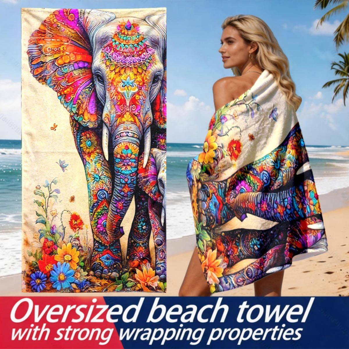 Dekorativ strandhandduk i exotiska färger, gjord av polyester mikrofiber, är mycket absorberande, lämplig för simning och strandutflykter.
