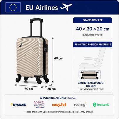 Ryanair liten handbagageväska, 40x30x20 cm, tillverkad av ABS-material, med avtagbara hjul. - Champagne (40x30x20)