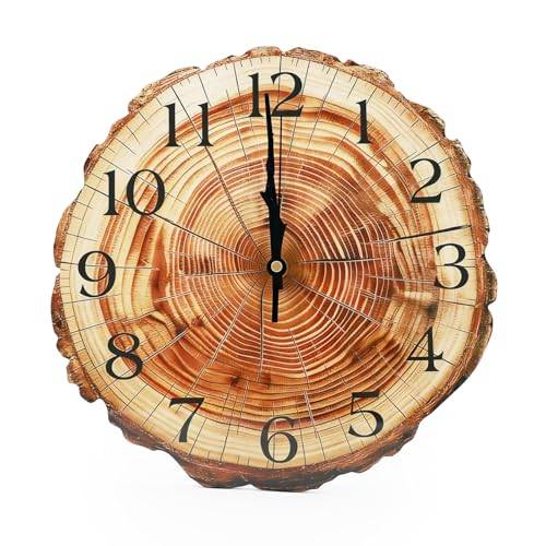 CEWROM Väggklocka, 30 cm årsring väggklocka trä stum form, lantlig stil brun väggklocka tyst utan tickande ljud, vintage retro dekoration för vardagsrum sovrum kök kontor