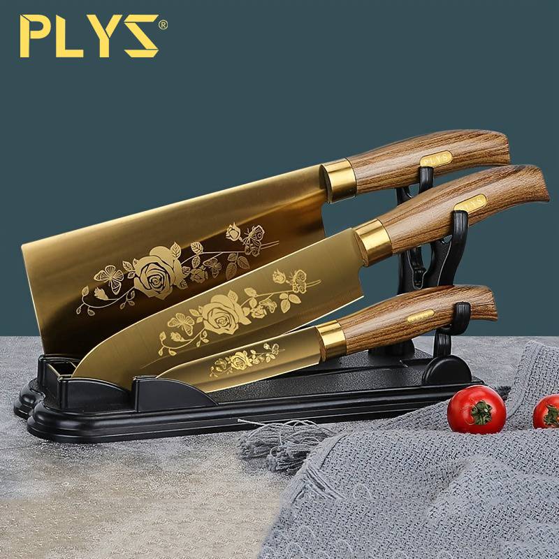 PLYS-Titanium Patterned Vegetable Knife Chopper Chef's Knife Fruit Knife Stainless Steel Household Chopping Knife Set