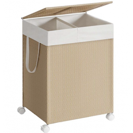 Rullbar Tvättkorg 100 L med 2 Fack, Lock Rottinglook Naturbeige