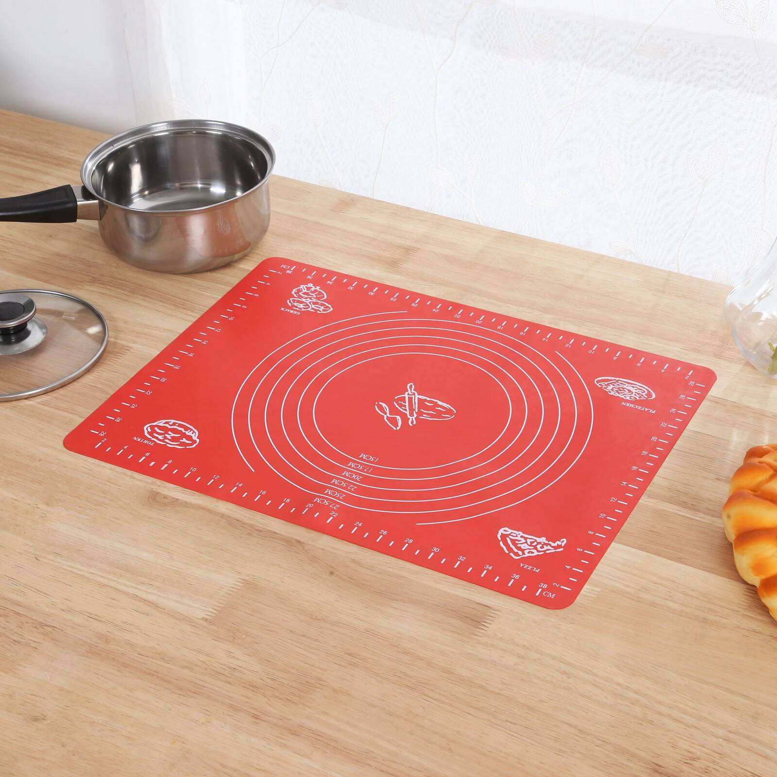 Livsmedelskvalitet silikon bakverk matta mått non-stick bakmatta färgglad rullande deg pizza makroner maker hög värmetålig - 40 x 30cm röda