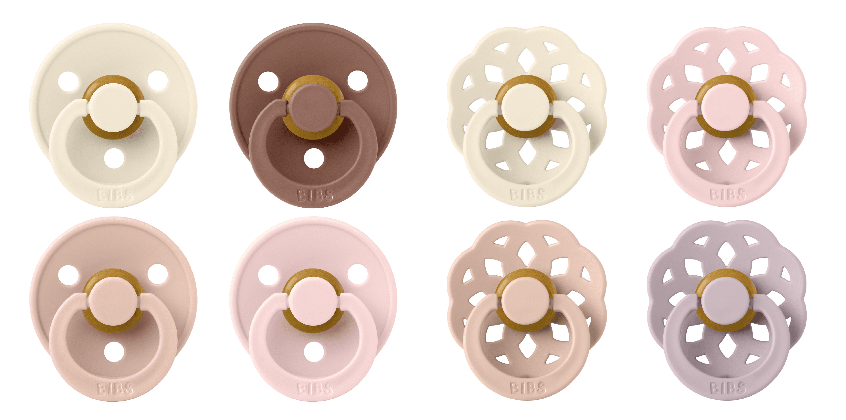 BIBS - Sutter Colour rund 4 PACK - Ivory/Blush/Woodchuck/Blossom + 4 PACK - Blossom Dusky Lilac Mix - Size 2 - Klar til levering - Prismatch