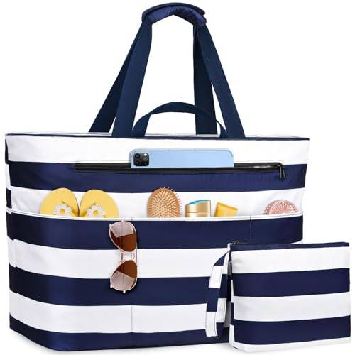 NEWIROVE Strandtasche XXL Familie, Extra Groß Strandtasche Mit Reißverschluss Faltbare Badetasche Damen Wasserdicht Tote Bag Damen Herren Beach Bag Für Strand, Reisen, Urlaub. 50L, Blau-Weiß Streifen
