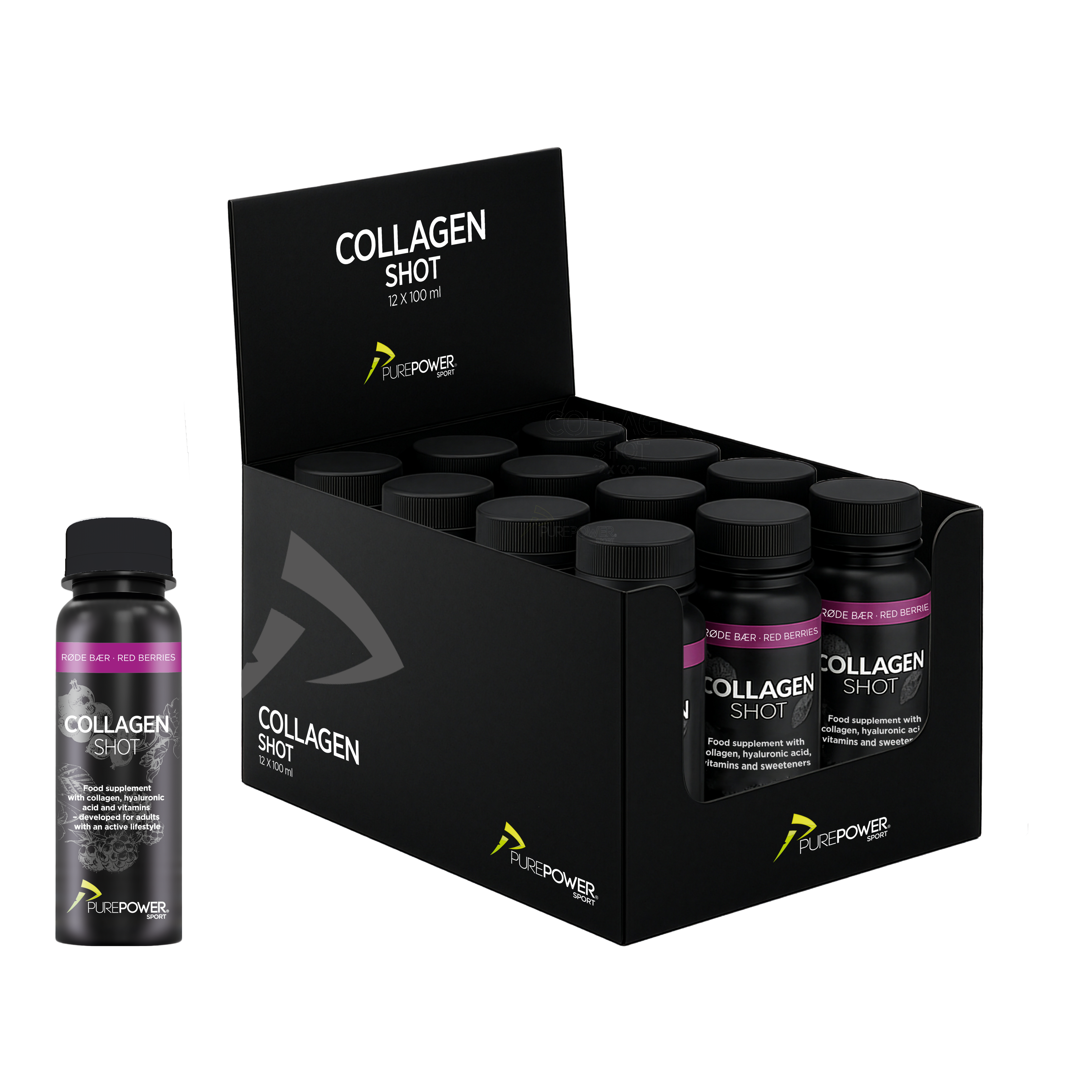 PurePower Collagen Shot Rødebær - 12 shots - Kosttilskud.