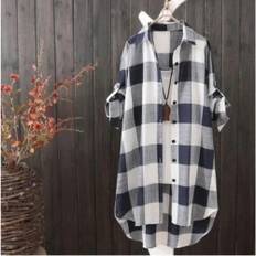 Women's Plaid Cotton Shirt Chic Women Blouse Elegant and Youth Women's Blouses New In External Clothes Korean Style S blå