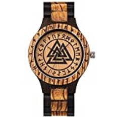 Armbandsur i trä för män, Valknut viking trä graverad analog klocka handgjord vintage klocka med bambulåda, 25cm