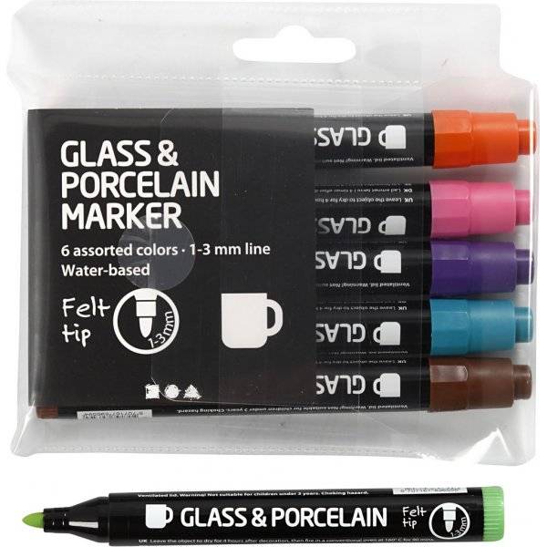 Tuschpennor för Glas och Porslin - kompletterande färger - semi opaque - 6 st