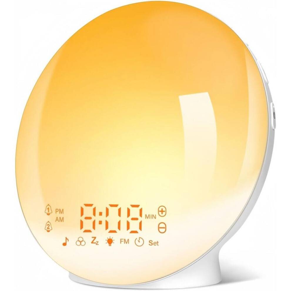 Dagslysvækkeur, 18 lysfarver, 20 lysstyrkeniveauer, simulering af solopgang/solnedgang, 2 alarmer og snooze med FM-radio