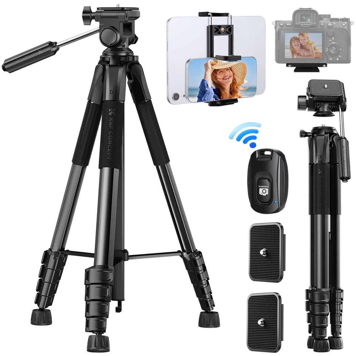 KENTFAITH K&F Concept 75" Lightweight Tripod, Camera Compact Tripod with Remote and 2-in-1 Phone Holder,Travel Phone Tripod with Removable 3-Way Pan Head for Selfie/Video Recording/Photo/Live Stream/Vlog