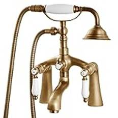 Antique Brass Deck Mount Clawfoot Tub Faucet with Handheld Spray and Bathtub Spout Double Lever Handle Bathroom Mixer Tap Victoria Vintage Telephone Shape Shower Set