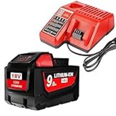 18 V 9 000 mAh ersättningsbatteri för Milwaukee 4 A laddare kompatibel med Milwaukee M18 M18B 48-11-1840 48-11-1828 48-11-1820 48-11-1815 48-11-1850