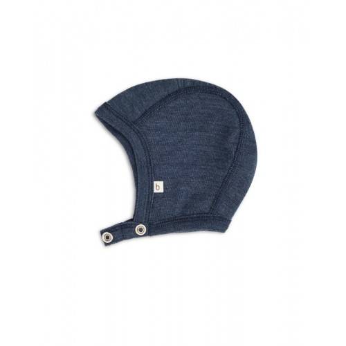 Baby Hjelm Med Trykknapper I 100% Økologisk Merino Uld, Tynd Kvalitet - 1 Lag Stof 62/68 Navy Melange