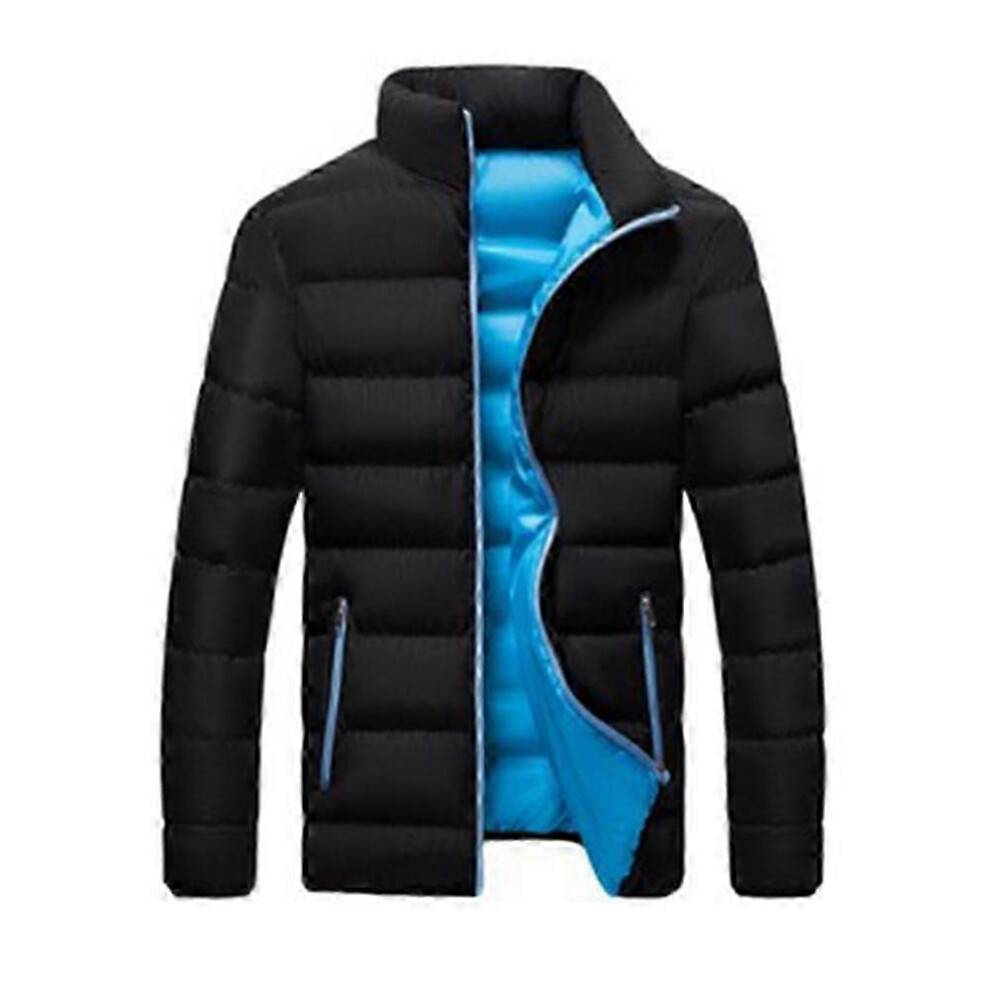 (M, Black Blue) Men's Fiber Down Padded Full Zip Short Coat Windproof Winter Puffer Jackets