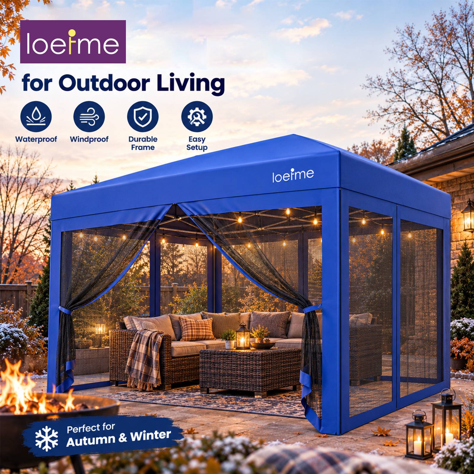 LOEFME 3x3M Pop Up Gazebo Waterproof Canopy Tent with Full Mesh Walls Portable Outdoor Garden Shelter UV Protection for Patio Camping Market Stall
