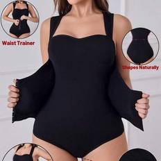 Kvinnor Solid sömlös magkontroll midjetränare Rumslyft Shaperwear Fyrkantig nacke Bantning Skulptera Rycka midja Kort ärmlös body med krok-och-ögon-st - Svart (L,M,S,XL)