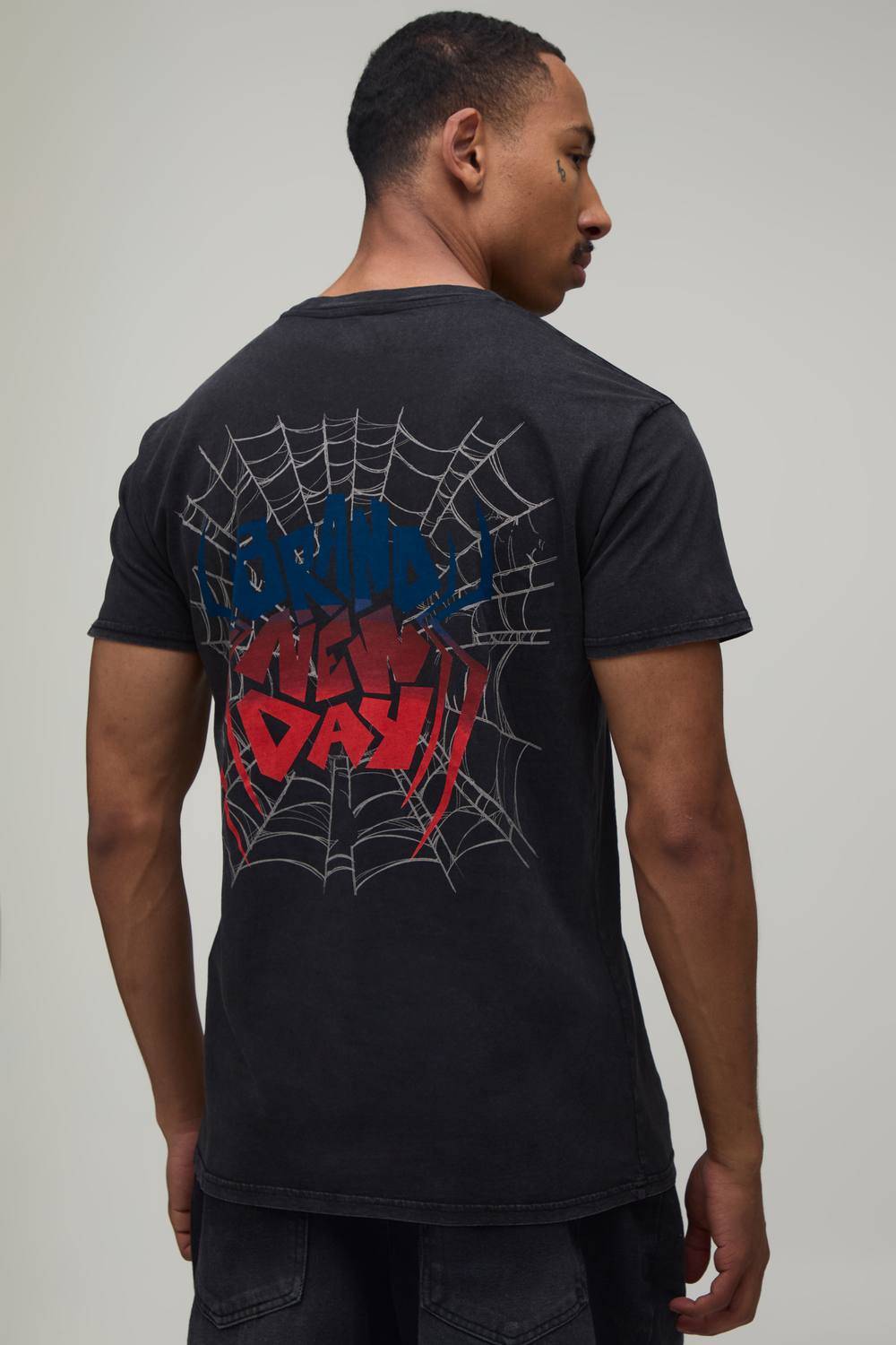 Oversized Brand New Day Spiderman License Print T-Shirt | Washed Charcoal | Size Large