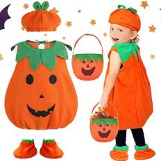 5 st halloween kostym pumpa barn, baby pumpakostym med halloween godispåsar, baskisk hatt och skor skydd halloween klä upp cosplay kostymer för pojkar flickor 3–10 år (S)