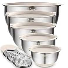 Wildone Mixing Bowls Set med 5, rostfria stålbo skålar med kaki lock, 3 graders tillsatser, mått märken och non-slip bottoms, storlek 5, 3, 2, 1,5, 0,63 QT, bra för blandning och servering