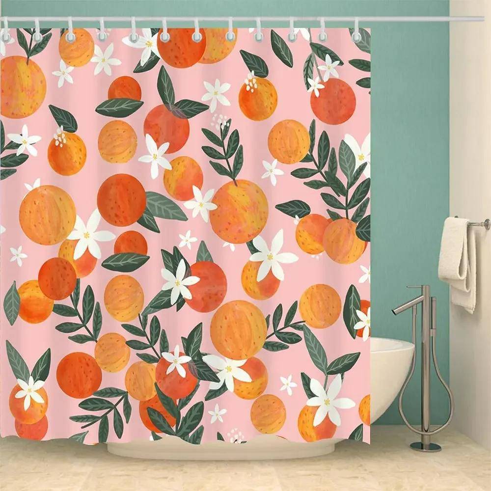 Tropisk Frukt Persika Duschdraperi Rosa Boho Orange Aprikos Blomma Blad Färgstark Vacker Blommig Vattentät Polyester Skärm