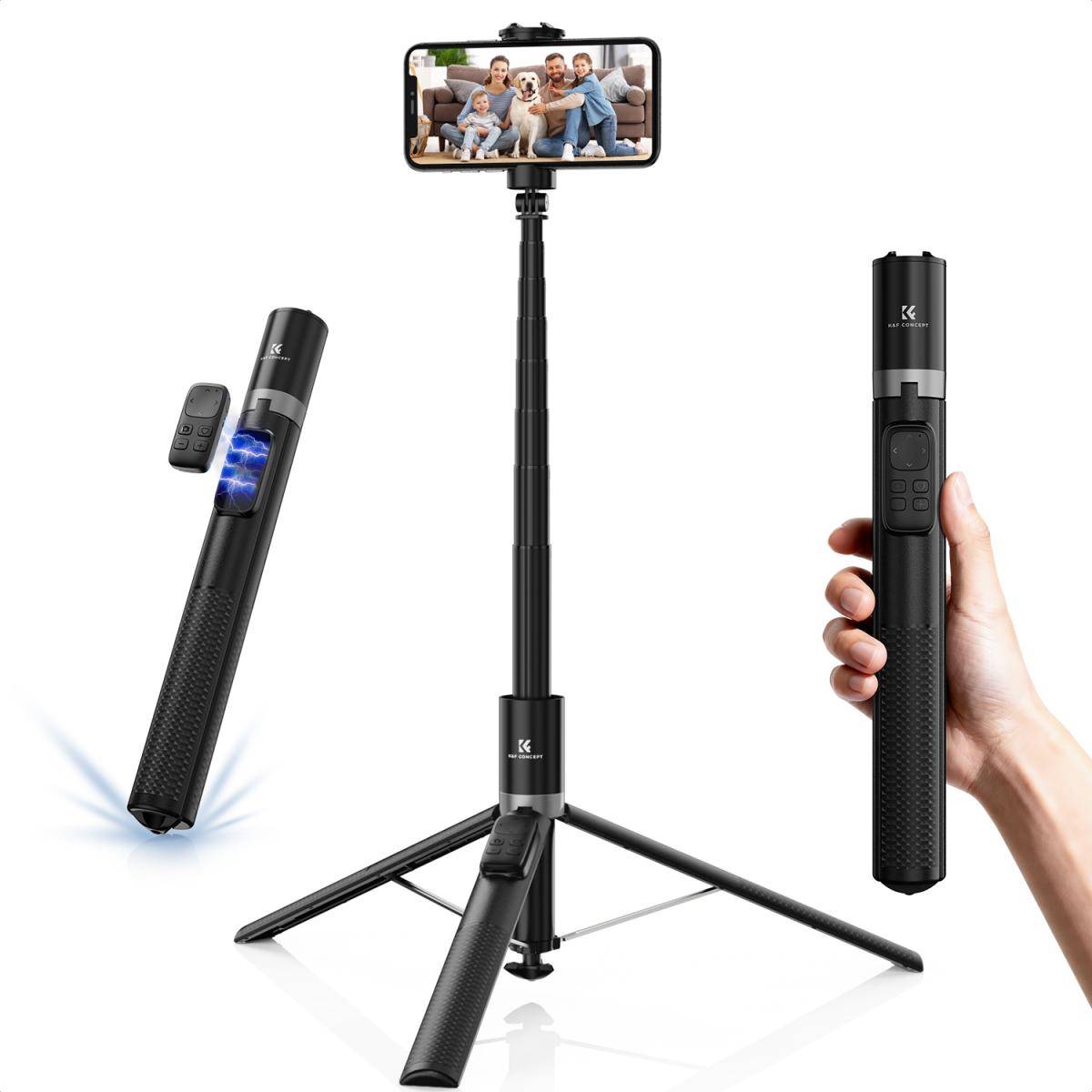 KENTFAITH K&F Concept Selfie Stick, Auto Open & Close Phone Tripod Stand, 360° Rotatable Selfie Stick with 9 Button Bluetooth Remote, Extendable Automatic Tripod for Cell Phone(Black)