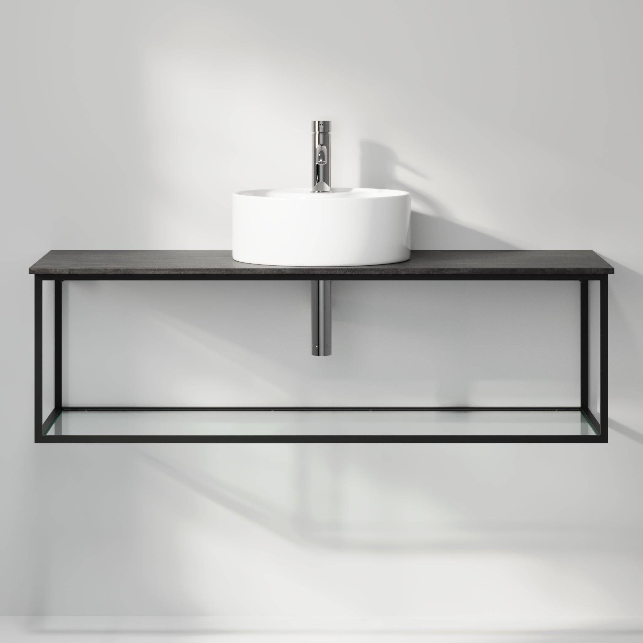 Badrumsmöbel med öppen metallram och botten i härdat glas - 120x46x50 cm - matt svart - vit fristående Porslin tvättställ - Bänkskiva i betonglook - Stenstorp
