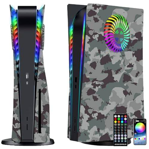 Faceplates med kylöppningar RGB-ljus för PS5-konsol, Megadream Cover ersättningsplattor skal tillbehör repsäker dammsäker, med LED-belysningspaket för PlayStation 5 Disc Edition (kamouflage)
