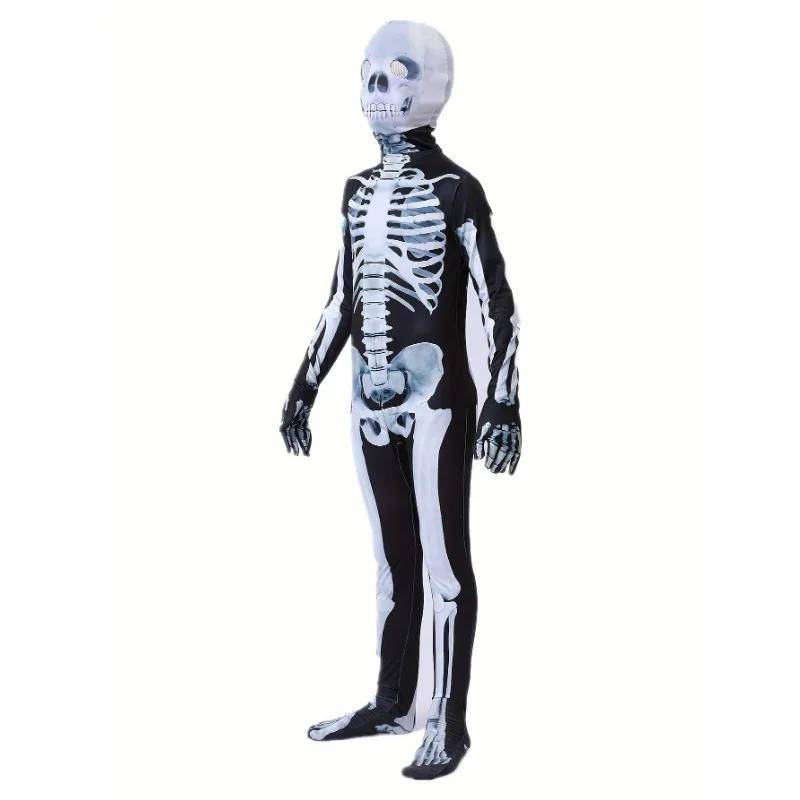 3-12 år Halloween Pojkar Skelettkostym Tryckt Skelettmask Jumpsuit med Läskig Mask Spöklik Djävul Rollspel Högtidsfest cm gray
