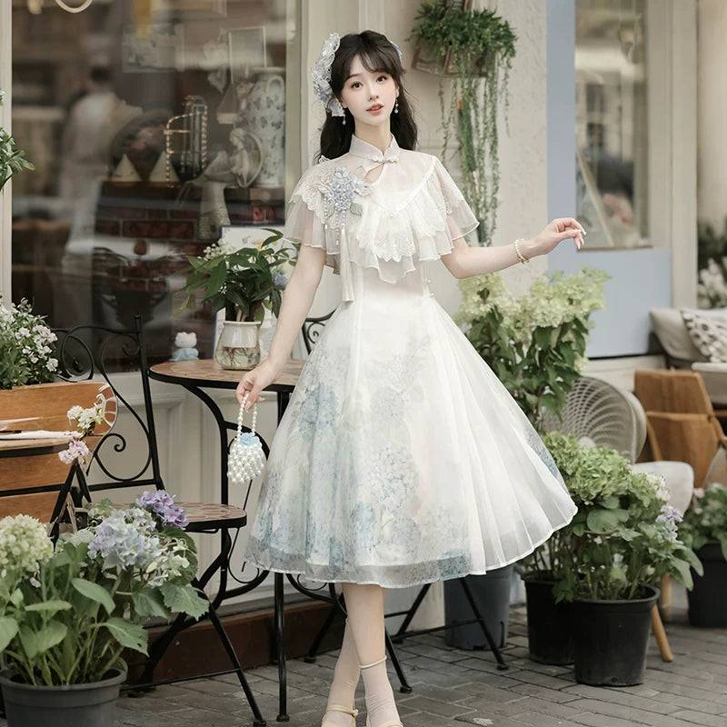 Hydrangea message lolita short sleeve elegant daily lolita dress autumn and summer - Shawl + suspender skirt / S (S)