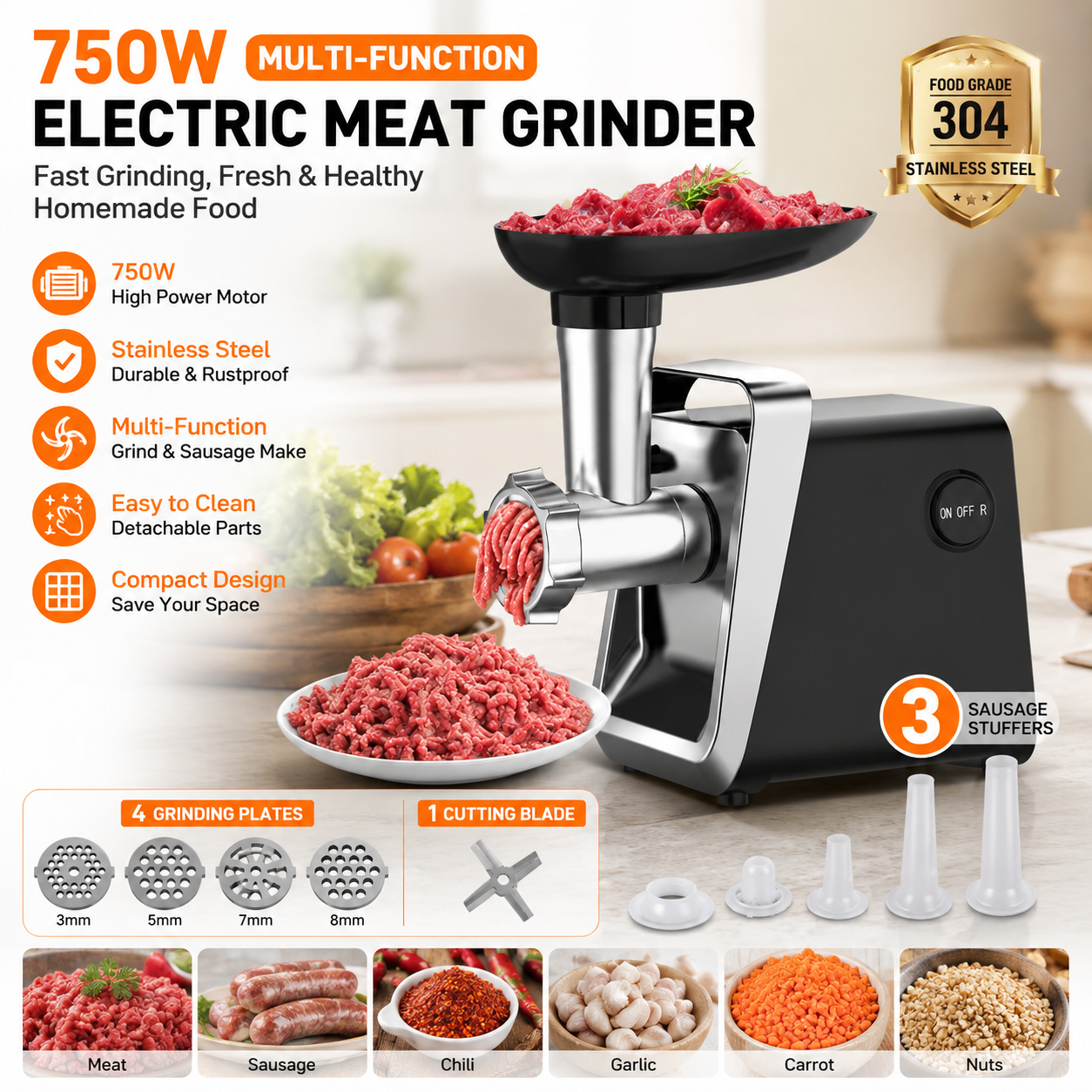 Electric Meat Grinder Sausage Stuffer 3 Grinding Plates Reverse Function Stainless Steel Food Mincer for Beef Chicken Pork Home Kitchen EU Plug