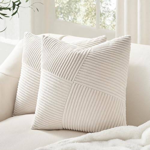 Topfinel 2er Set Kissenbezug 45x45 Creme Kordsamt Windmühle Streifen Muster Kissenbezüge Sofakissen Kissenhülle Dekokissen Couchkissen Zierkissen Patchwork Design Deko Wohnzimmer Büro Hotel