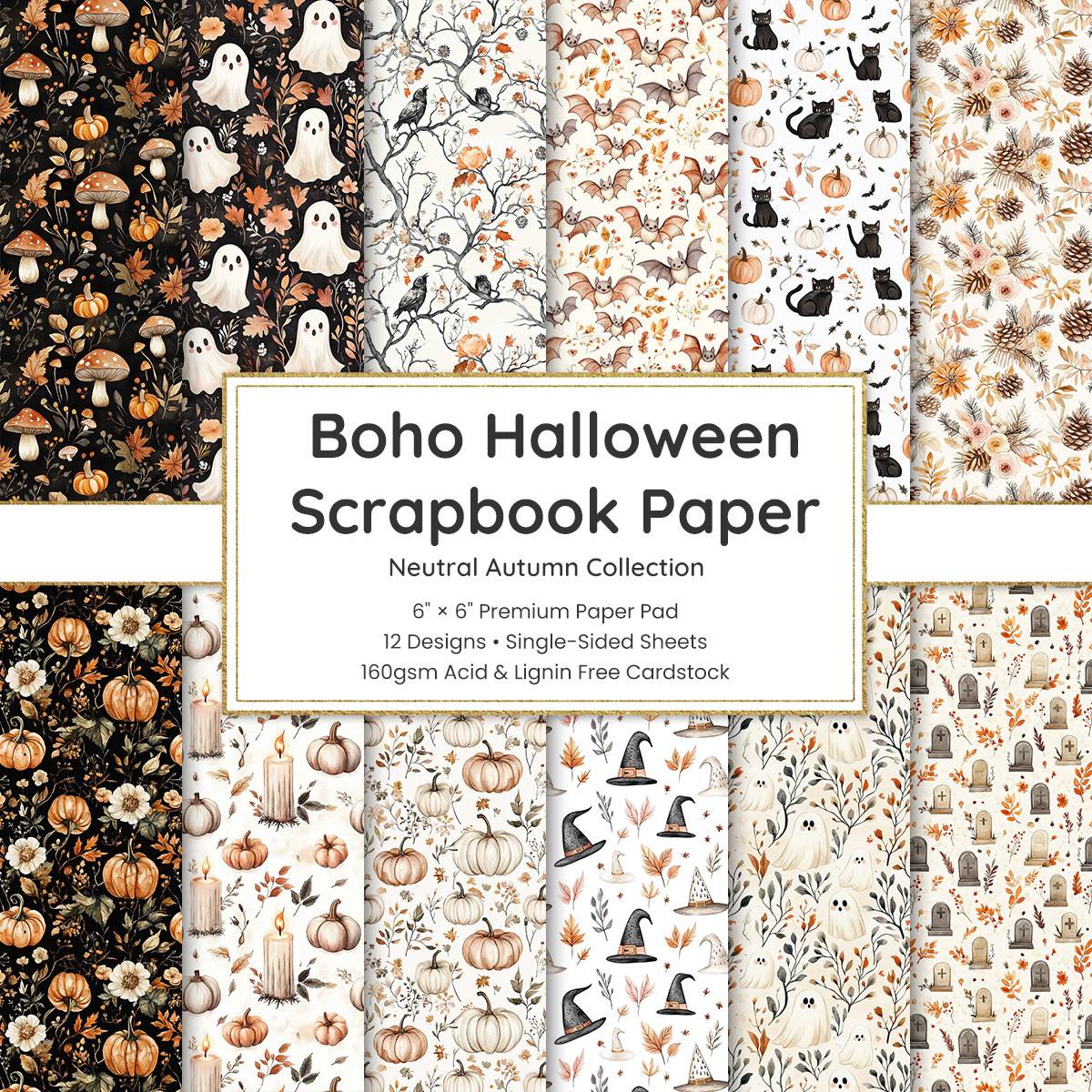 12/24/36 Sheet 6" Vintage Boho Halloween Scrapbook Paper Cardstock Aesthetic Pumpkin Cat Craft Paper DIY Scrapbooking Material
