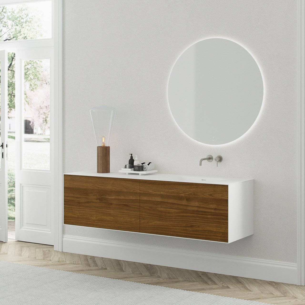 Copenhagen Chic 180R - Badmøbel MKII Glacier White Corian® m/American Walnut Badeværelsesmøbel - fra Bad&Stil.