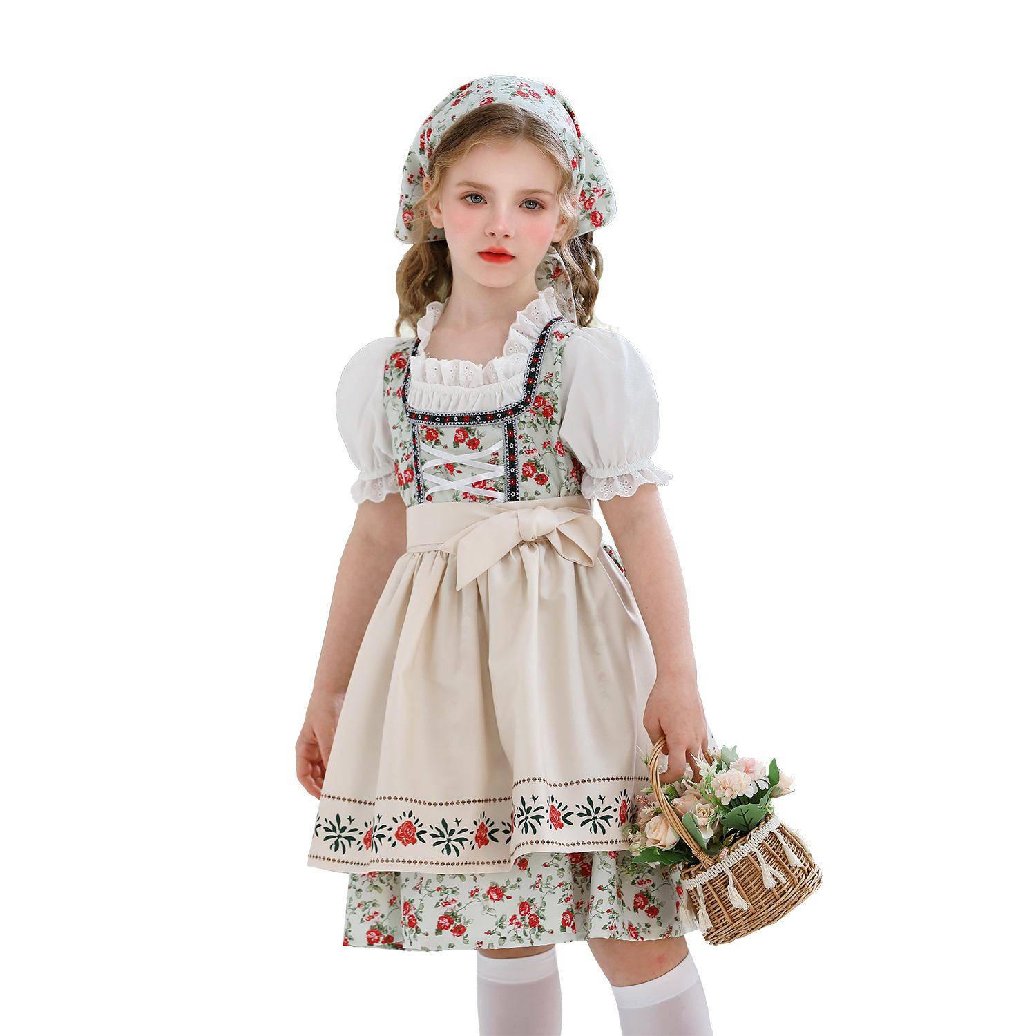 J-yuefang Children's Oktoberfest Maid Costume Dress with Headscarf and Apron, Polyester 160cm